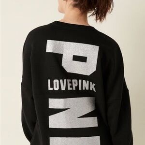 VICTORIA'S SECRET PINK VARSITY CREW SWEATSHIRT MEDIUM BLACK SILVER GLITTER